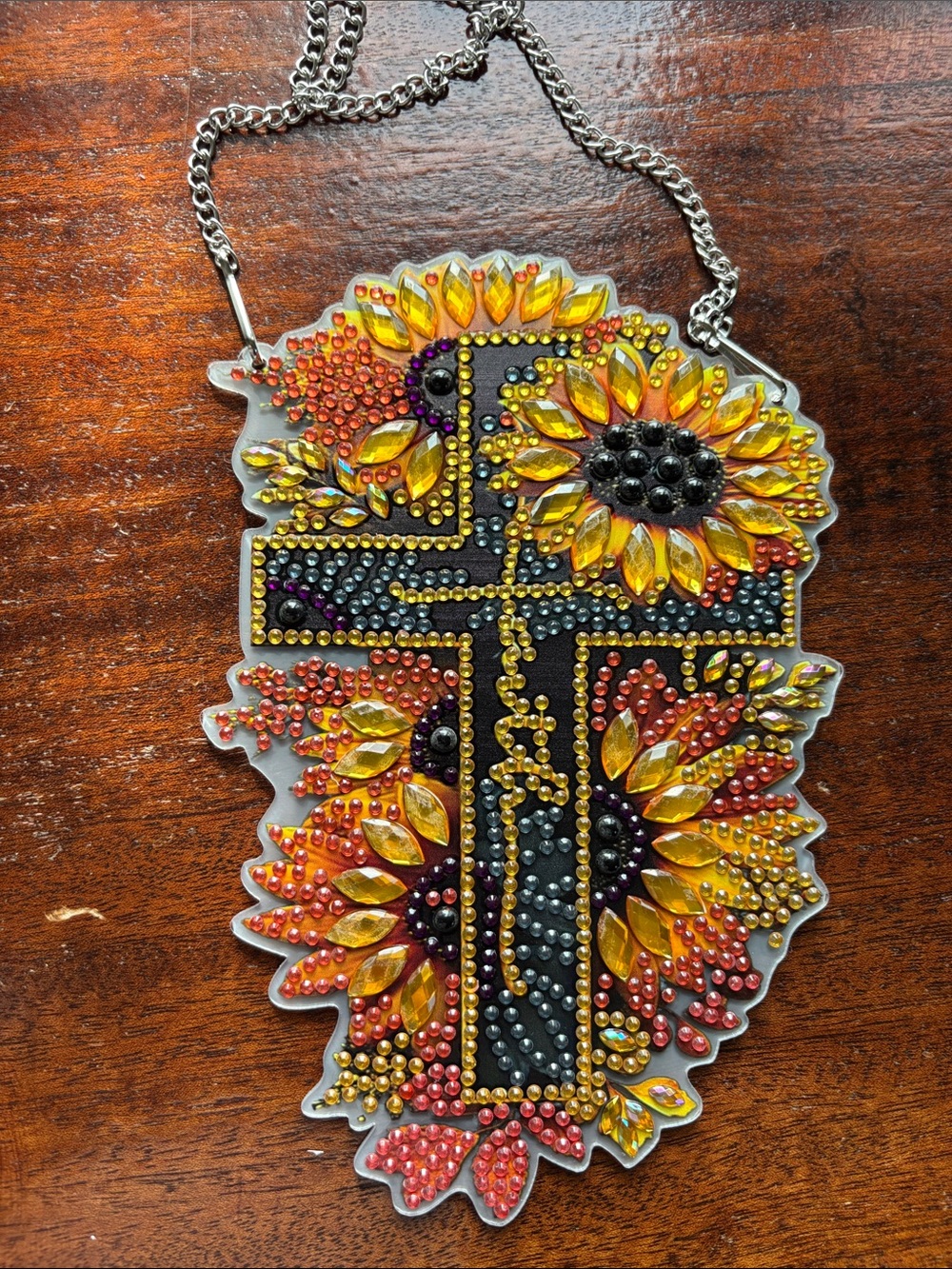 Sunflower Cross Wall Hanging - Yellow and Black Beaded Home Decor